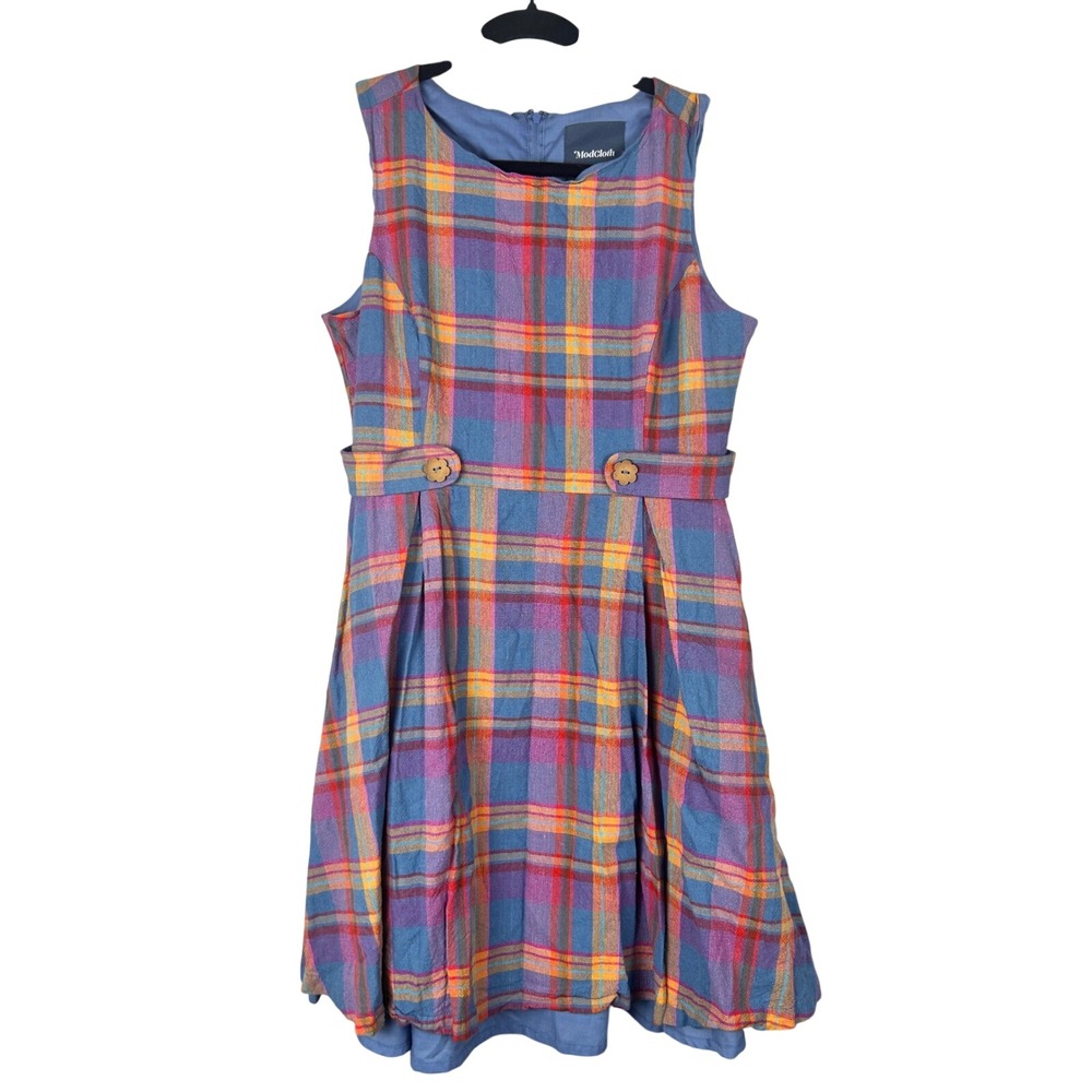 ModCloth Something Sixties Plaid Linen Blend Sleeveless Retro Dress Colorful 12